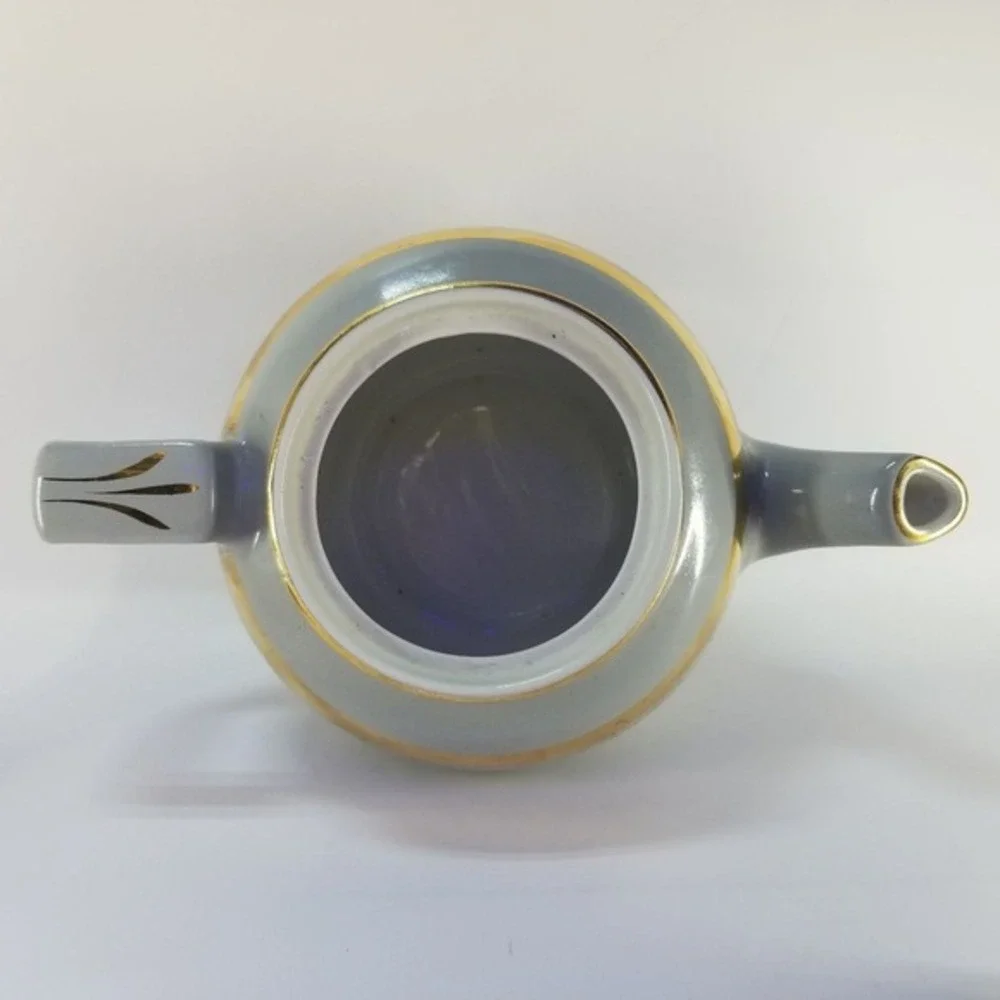 Vintage Ceramic Teapot Hall 6-Cup Gray Gold Trim Geometric‎ Band USA